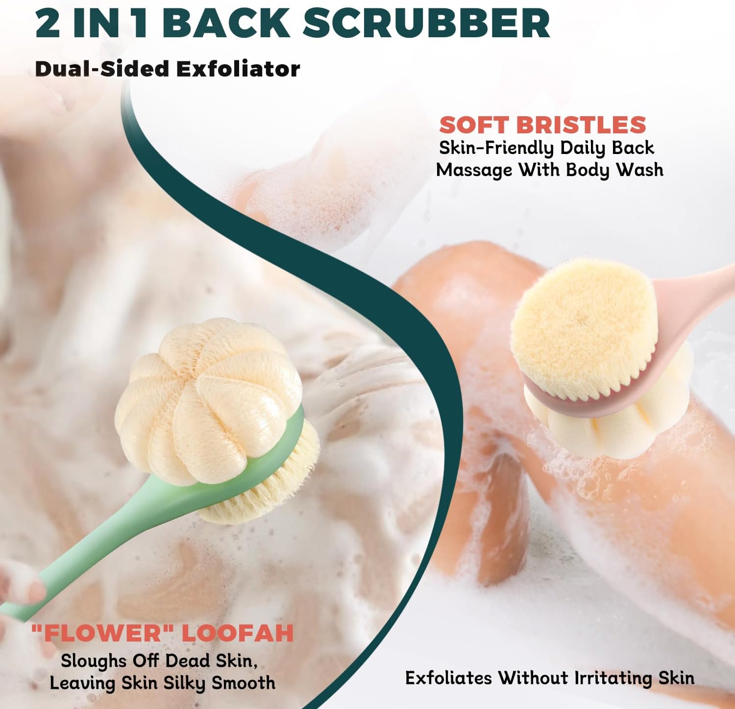 2 Pack 16" Curved Long Handle Back Scrubber for Shower - Double-Sided Bath Brush with Soft Bristles and Loofah,Bath Scrubber Brush,Wet & Dry Body Back Cleaning Helper for Women and Men (Green)