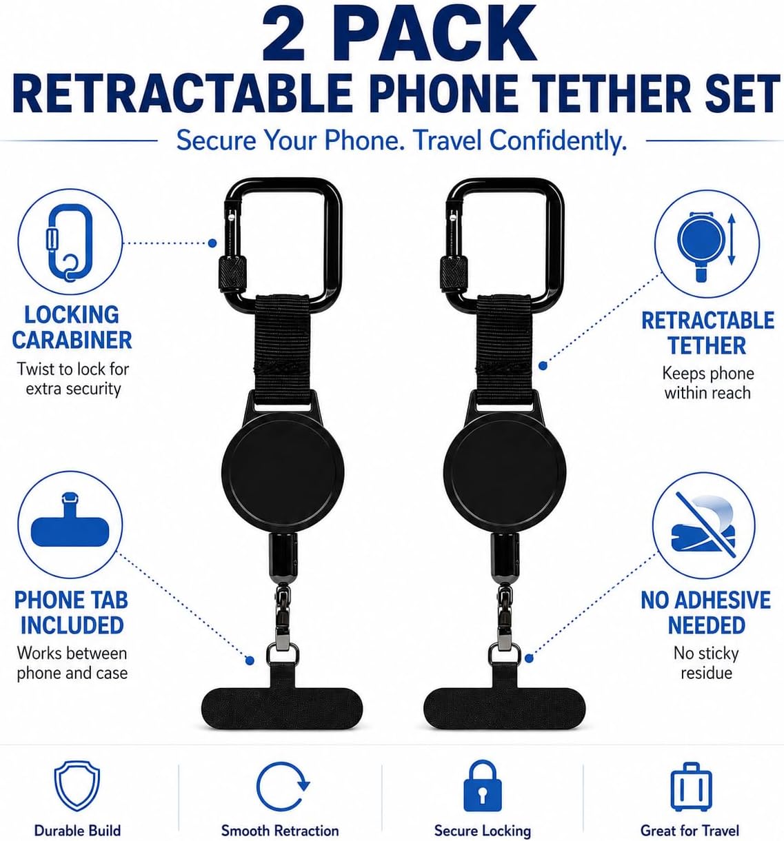 2PCS Retractable Lanyard Phone Lanyard – Anti-Theft Phone Tether Tab with Clutch Loop & Adjustable Retractable Keychain, Clutch Loop Anti-Theft Phones Strap Black