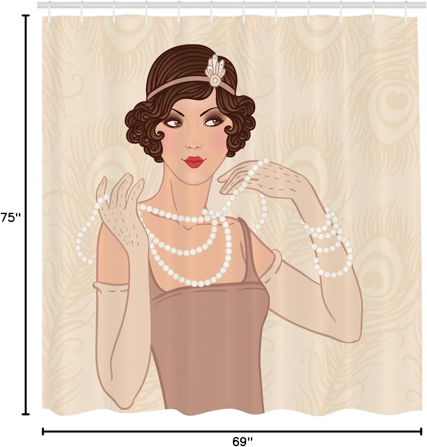 Ambesonne Old Hollywood Shower Curtain, Curly Hair Brunette Flapper Girl Wearing Necklace and Headband, Cloth Fabric Bathroom Decor Set with Hooks, 69" W x 75" L, Beige Brown Ivory