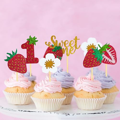 Miniatura 2 de Mulukaya 24 piezas con purpurina de fresa dulce uno para cupcakes, palillos para tartas temáticas de frutas, bayas, suministros de decoración de