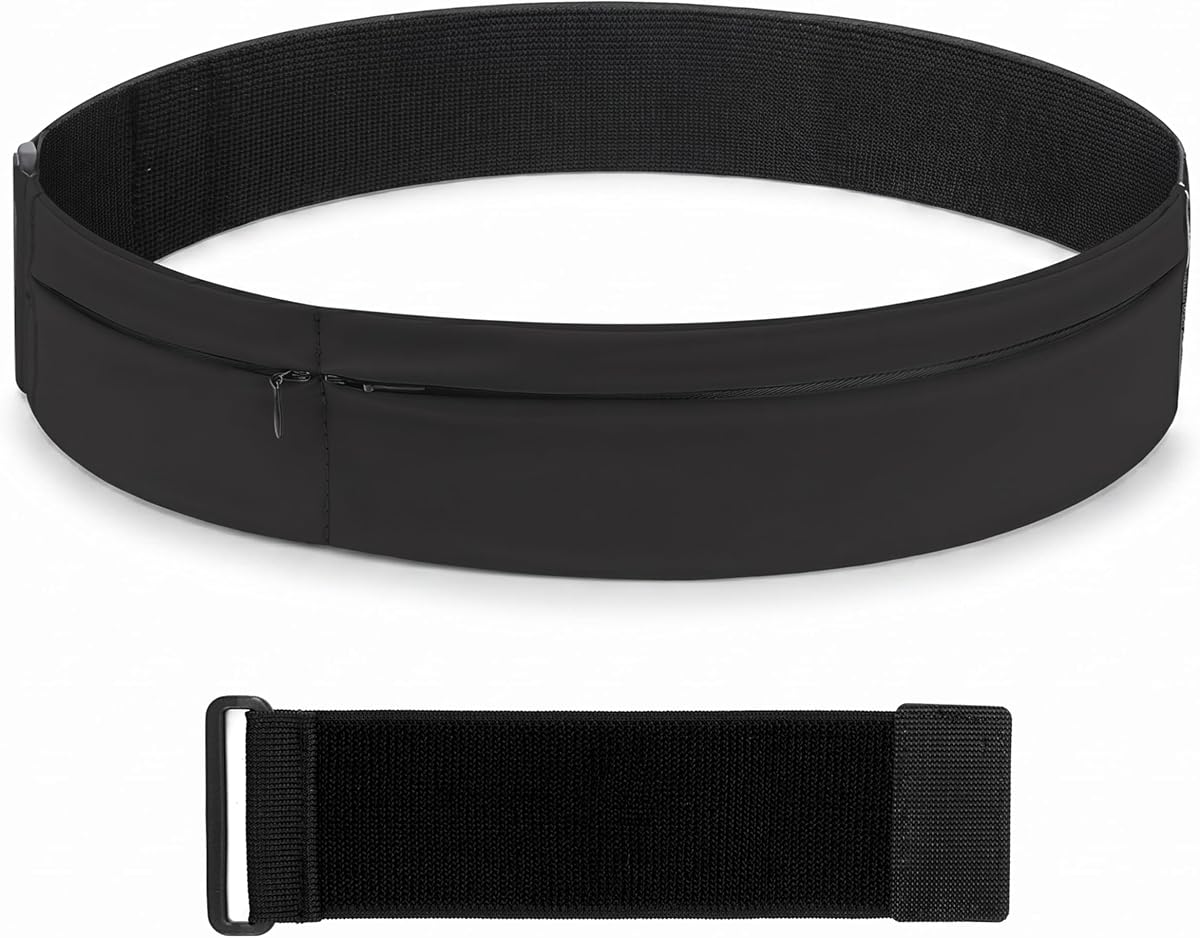 Cinturón ancho para correr para corredores y viajeros: cinta mágica ajustable con correa extensora, se adapta a la mayoría de los tamaños sin rebotar, sostiene el teléfono y los elementos esenciales para hacer ejercicio (negro)