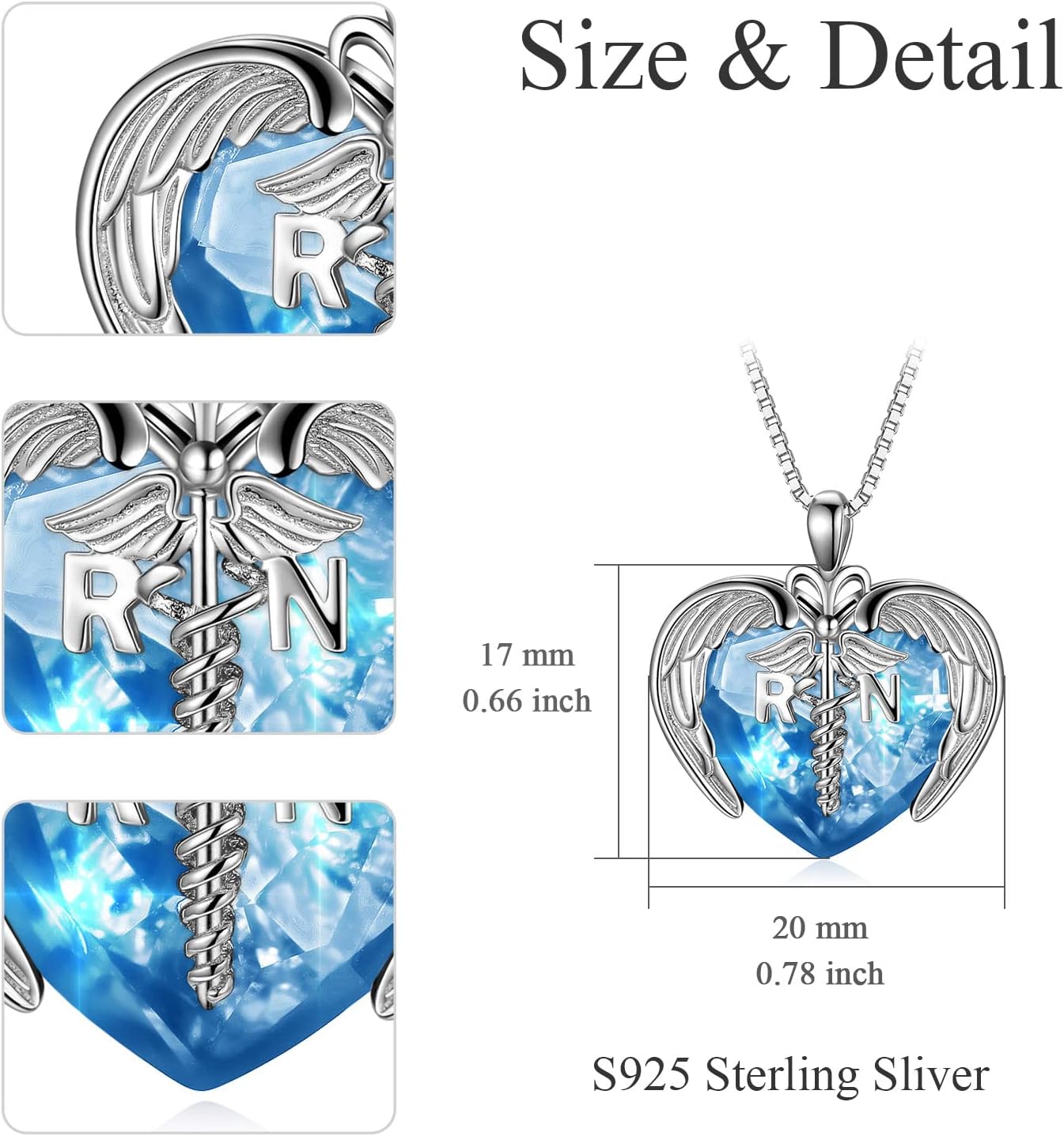 AOBOCO Sterling Silver Registered Nurse RN NP LPN Caduceus Pendant Necklace with Angel Heart Charm Made with Austrian Crystal, Nurse Nursing School Graduation Gifts for Women - Image 4