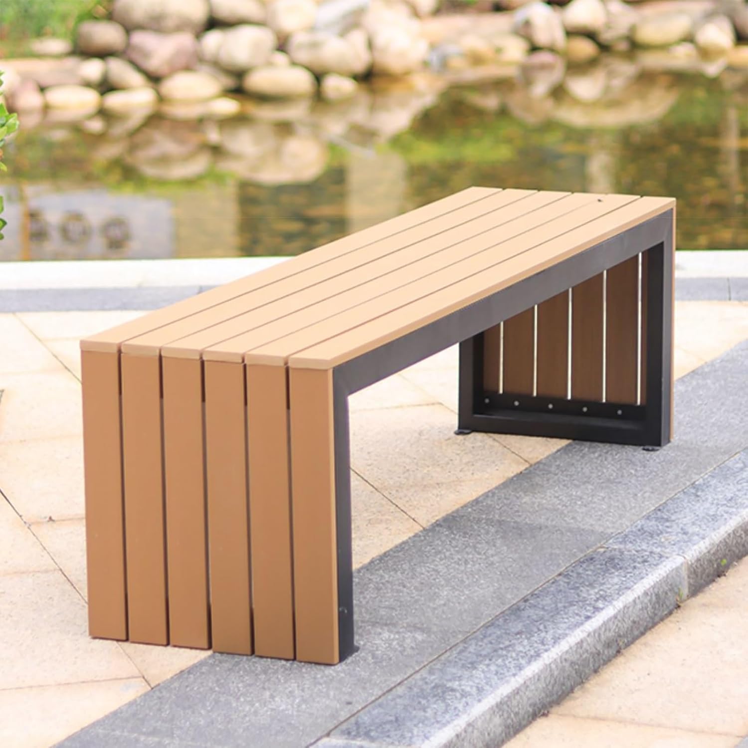 Plastic Wood Garden Bench, Outdoor Park Bench with Slatted Seat, Patio Benches with U-shaped Seat for Conservatory, Garden, Poolside, Deck(59.0in/150cm)