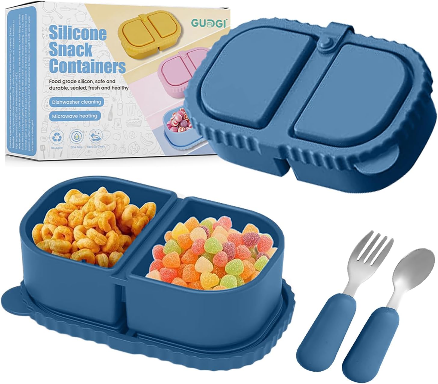 Silicone Snack Containers for Kids (8.5Oz, 2-Compartment)+ Kids Silicone Cutlery Set (Spoon and Fork) - BPA Free, Leak Proof, Great for Toddler/Kid/Adult Meal Prep Containers (blue)