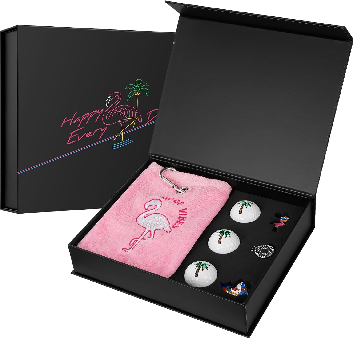 Craftsman Golf Gift Box Flamingo Towel and Shark Golf Ball Markers with Hat Clips Palm Trees Balls