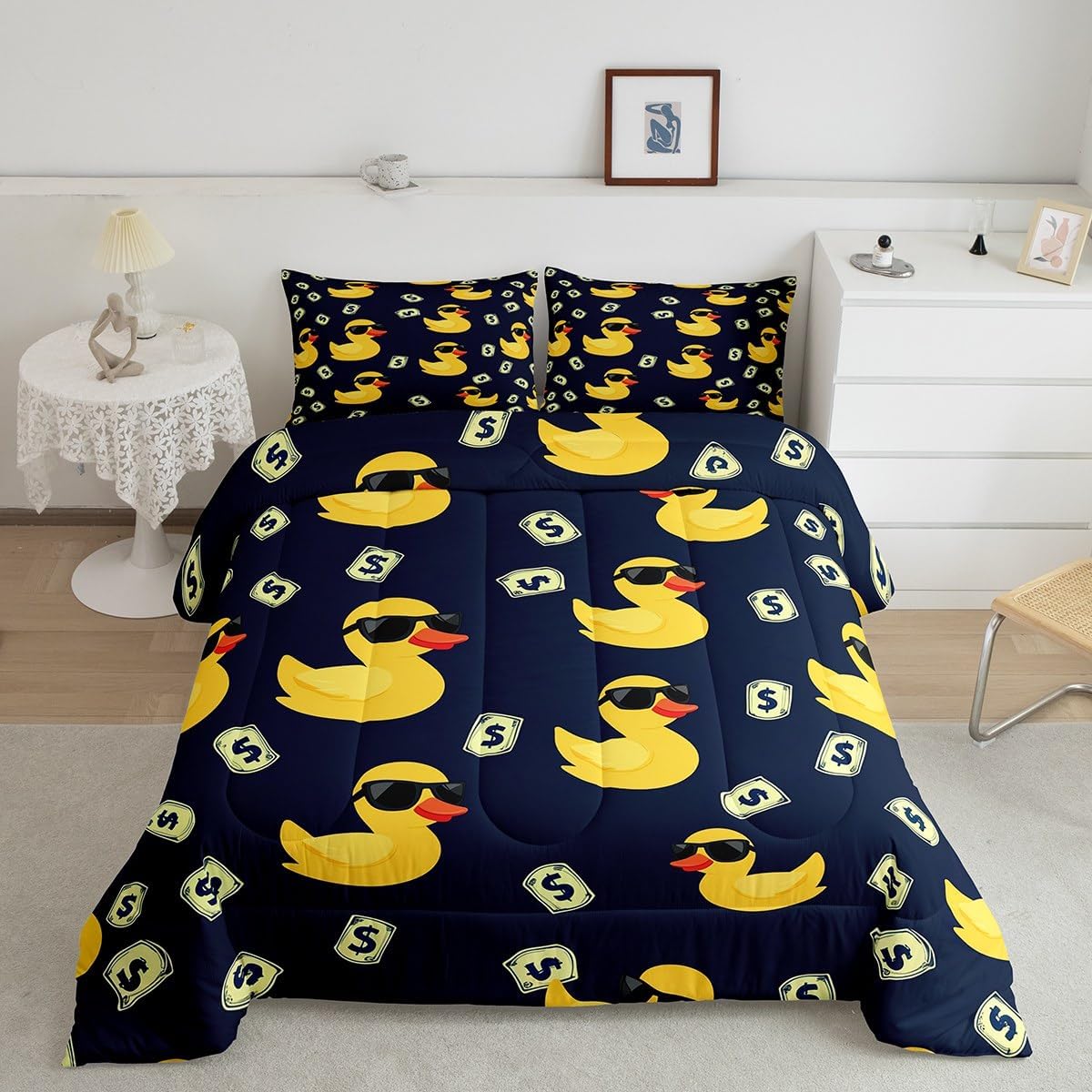 Erosebridal Rubber Duck Comforter Set Twin Cute Yellow Duck Bedding Set 2 Piece Cartoon Animal Duvet Insert American Dollar Print Down Comforter Navy Blue Room Decor for Women Men Adults