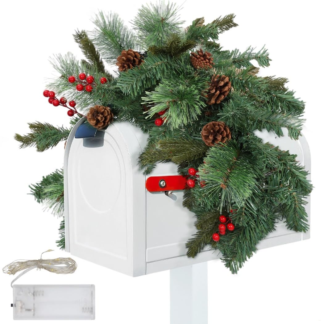 Ghirlanda natalizia a forma di pigna, 88 cm, con 20 LED con stringa di luce da 2 m illuminata, decorazione natalizia con bacche rosse invernali