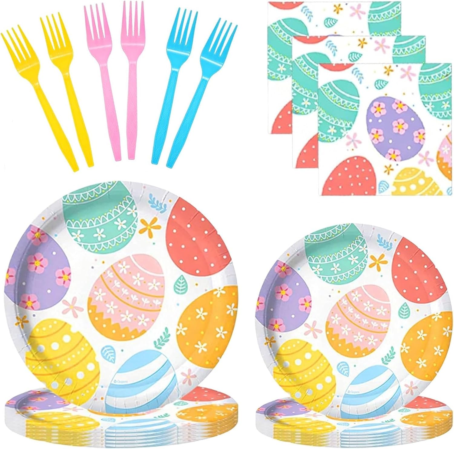 96Pcs Easter Tableware Set- Colorful Eggs Pattern Disposable Dinnerware with Paper Plates, Napkins, Forks for Holiday Dinners, Parties, and Spring Celebrations, Serves 24