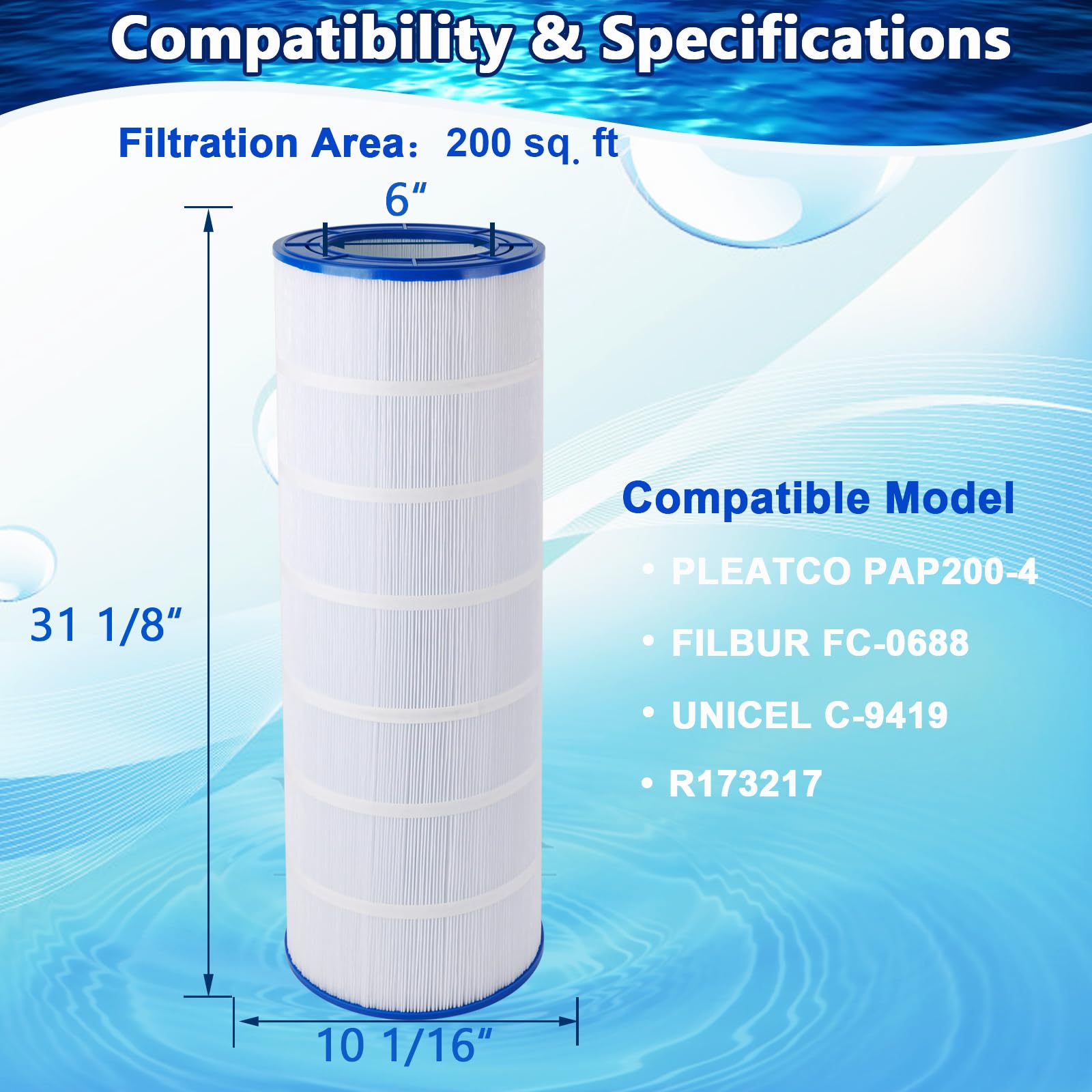 Poolimpid Pool Filter Cartridge Compatible with PAP200, CC200, Clean & Clear 200, R173217, Unicel C-9419, Filbur FC-0688, 59054400, 200 sq.ft Filter Cartridge, 1 Pack
