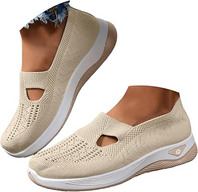 Hbeylia Orthopedic Shoes for Women Slip Ons Breathable Knit Mesh Flats with Arch Support Closed Round Toe Sneakers Comfortable Hands-Free Loafers Wide Width Lightweight Office Work Casual Shoes
