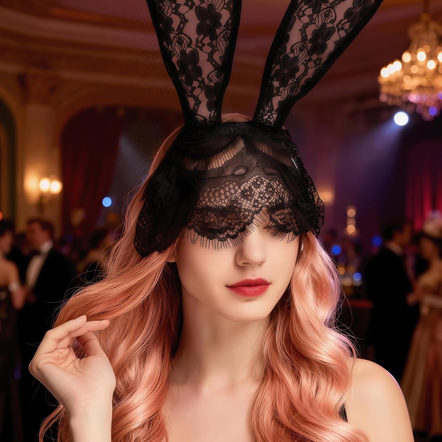 Elandy Cut Sexy Bunny Rabbit Ears Lace Mask Veil Headband Hair Band Supply for Nightclubs & Masquerade & Halloween & Christmas - Image 6