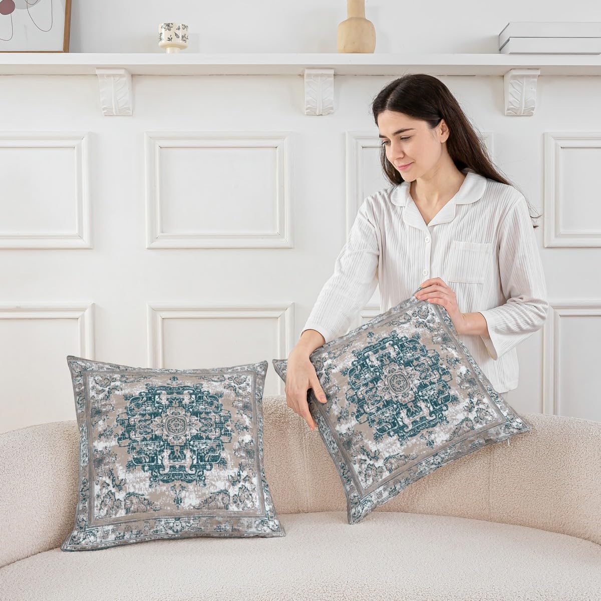 Erosebridal Pack of 2 Antique Throw Pillow Covers 24x24, Boho Pillow Covers, Blue Khaki Damask Floral Bohemian Flowers Retro Cushion Covers, Exotic Tribal Medallion Egyptian Cushion Cases