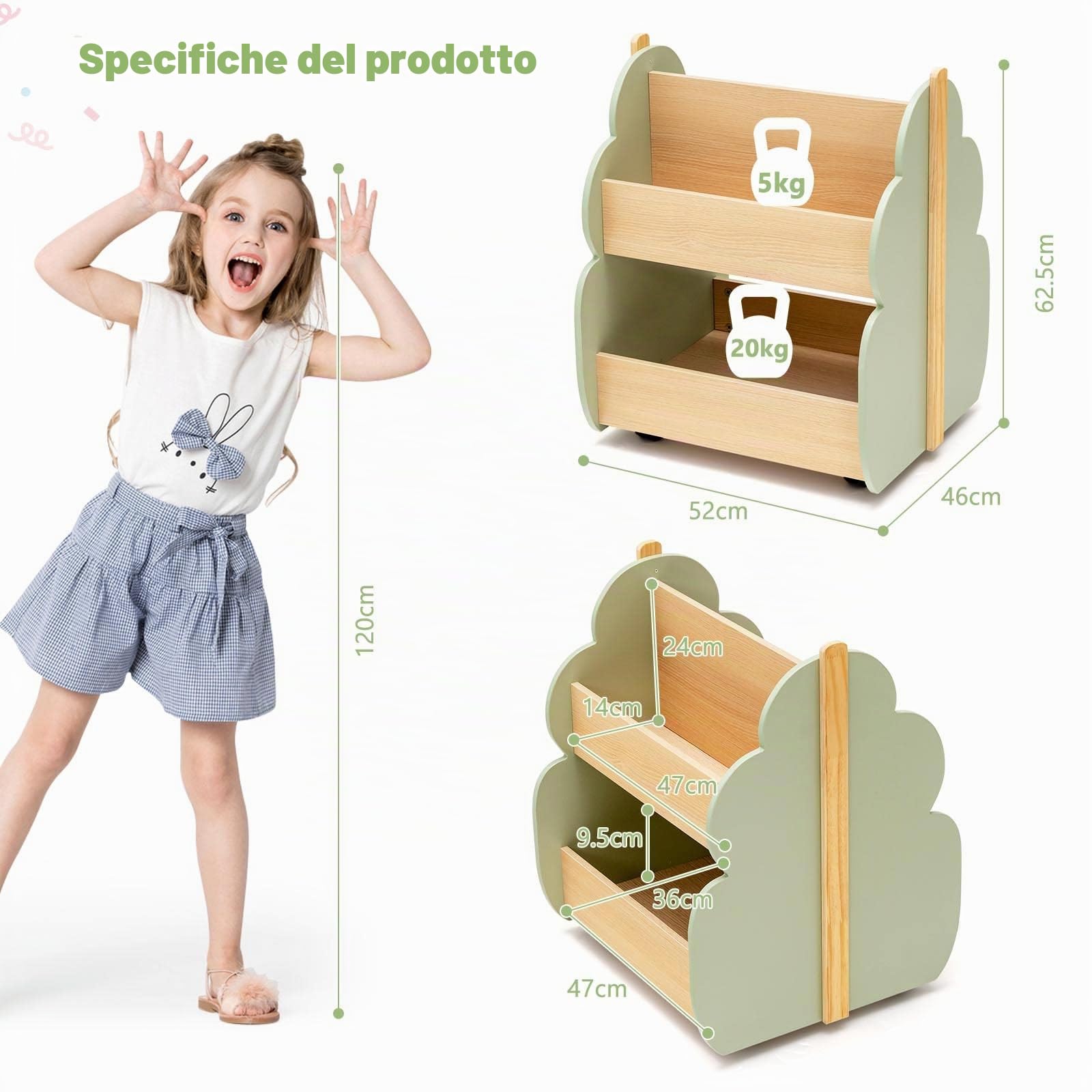 LIFEZEAL Libreria a 2 Livelli per Bambini, con 4 Ruote, 3 Scomparti, Scaffale in Legno a Forma di Albero, Contenitore di Libri e Giocattoli, per Cameretta, Verde, 52x46x62,5 cm
