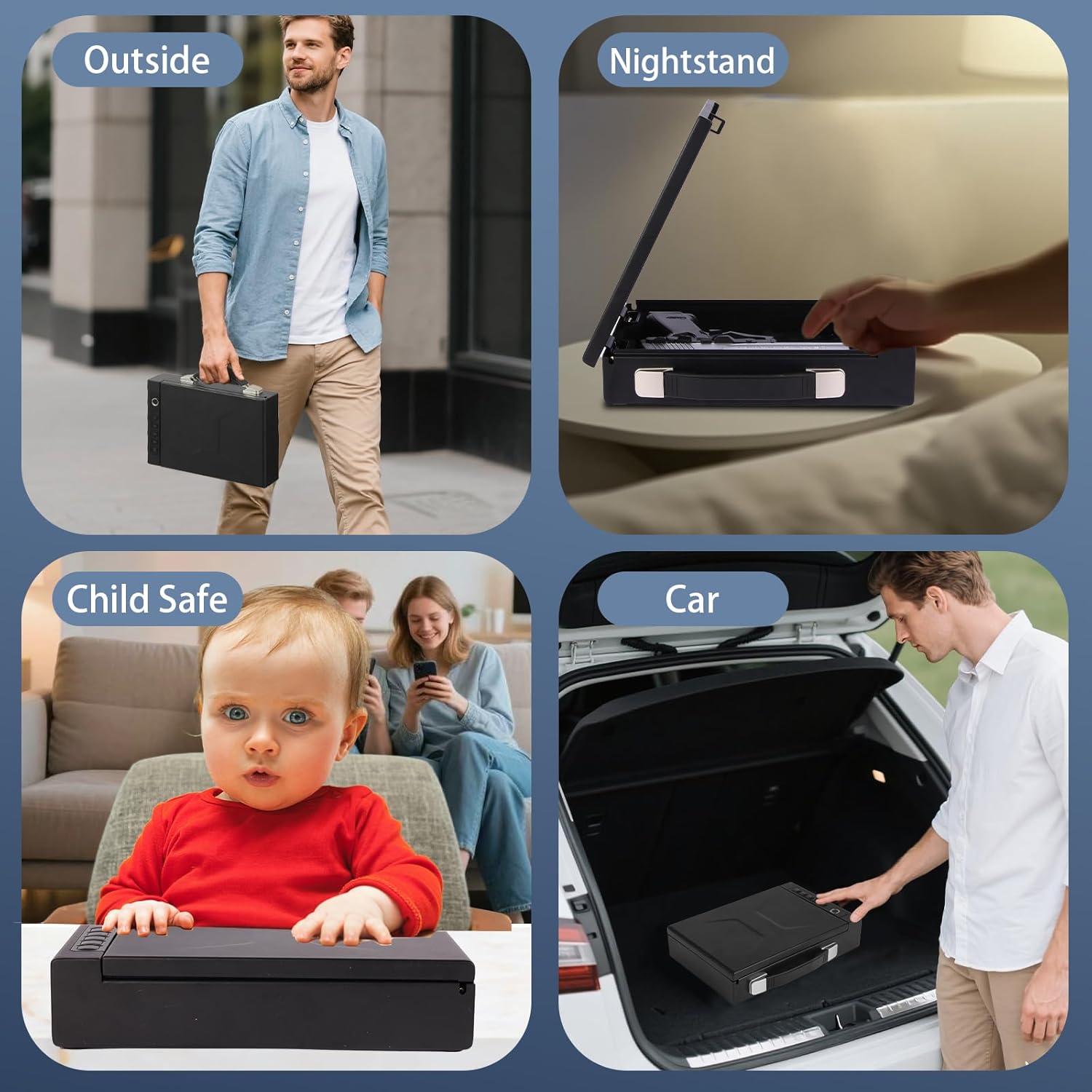 Portable Biometric Gun Safe for Handgun - Gun Safe for Car, Pistol Safe with 4 Ways: Fingerprint, Digital PIN, Key and APP Lock, Gun Lock Box with Sound for Nightstand, Cloakroom (Battery)