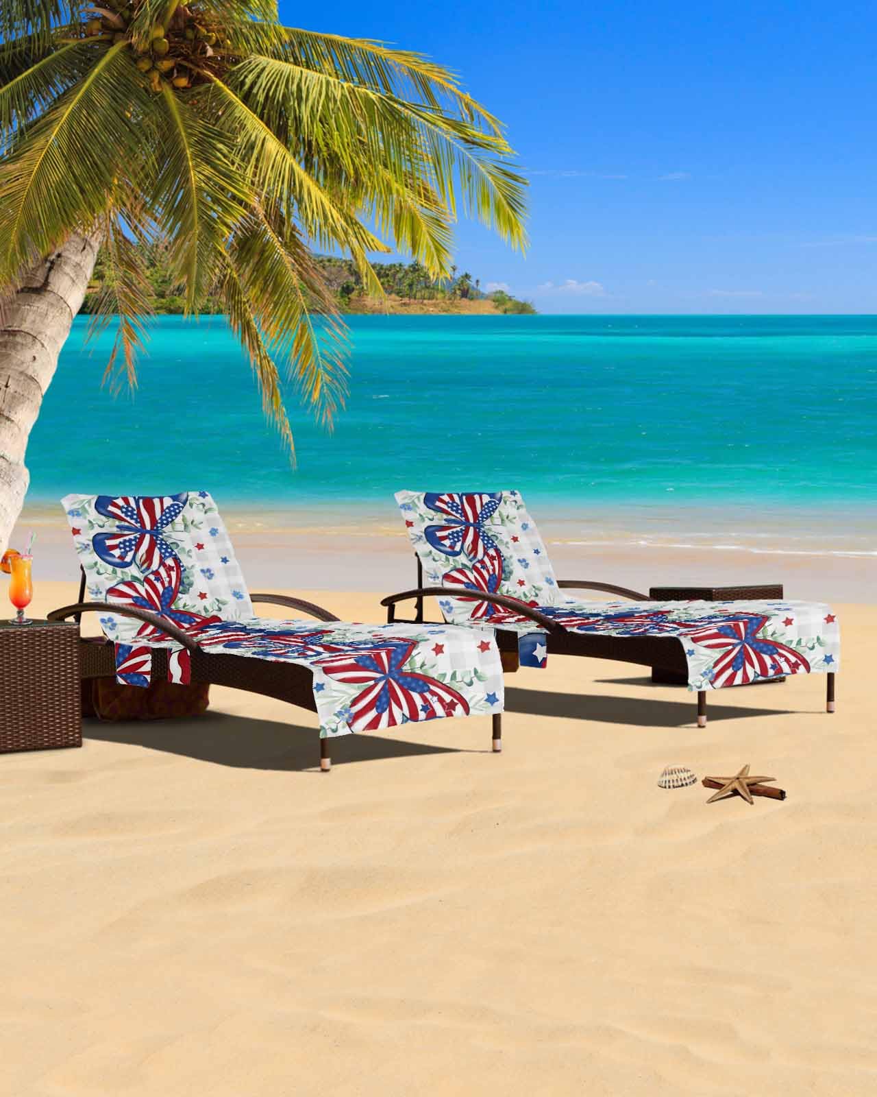 Patriotic Flower Beach Chair Cover with Side Pockets, Microfiber & Quick Dry Pool Chaise Lounge Chair Towels Covers for Sun Sunbathing Patio Garden Hotel, Buffalo Plaid Grey 4th of July Eucalyptus