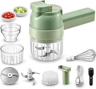 5-in-1 Handheld Electric Vegetable Cutter, Mini Food and Fruit Chopper Set | Compact Cordless Kitchen Tool for Chopping, Slicing, Grating and Whisking Garlic, Vegetables, Fruit, Eggs and Salad Prep