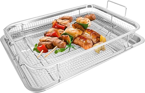 Cesta grande para freidora de aire con bandeja para horno de 11.8 x 8.7 pulgadas, juego de cesta y bandeja de freidora de aire de acero inoxidable