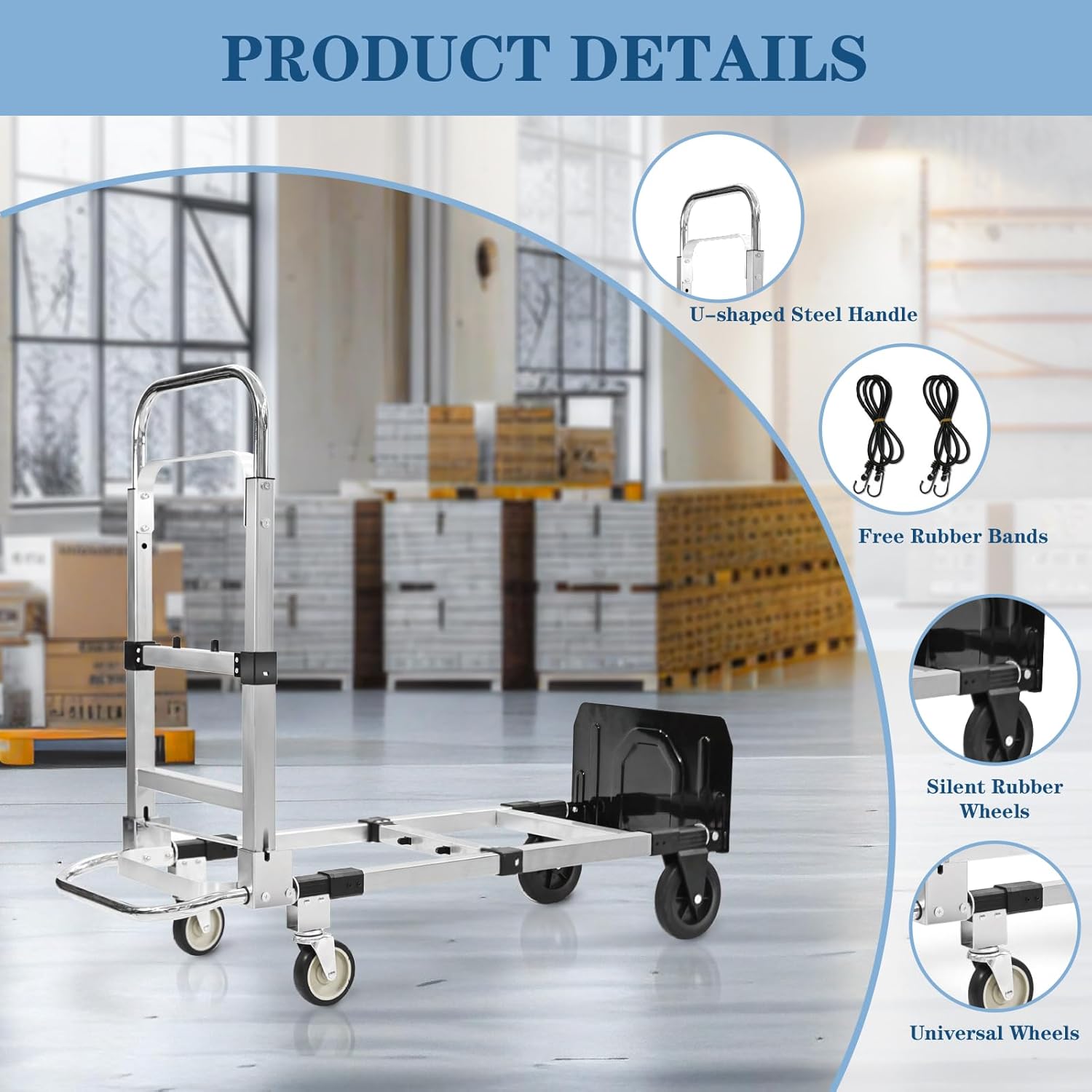 600-Pound 4-Wheel Folding Hand Truck/Cart, Heavy-Duty with Adjustable Height & Length, for Industrial Use and Home Moving