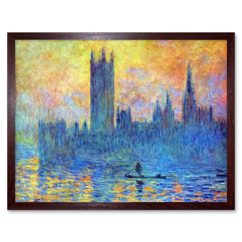 Wee Blue Coo Framed Brown Monet London Parliament Winter Old Master Painting Art Print Framed Poster Wall Decor 12X16 Inch