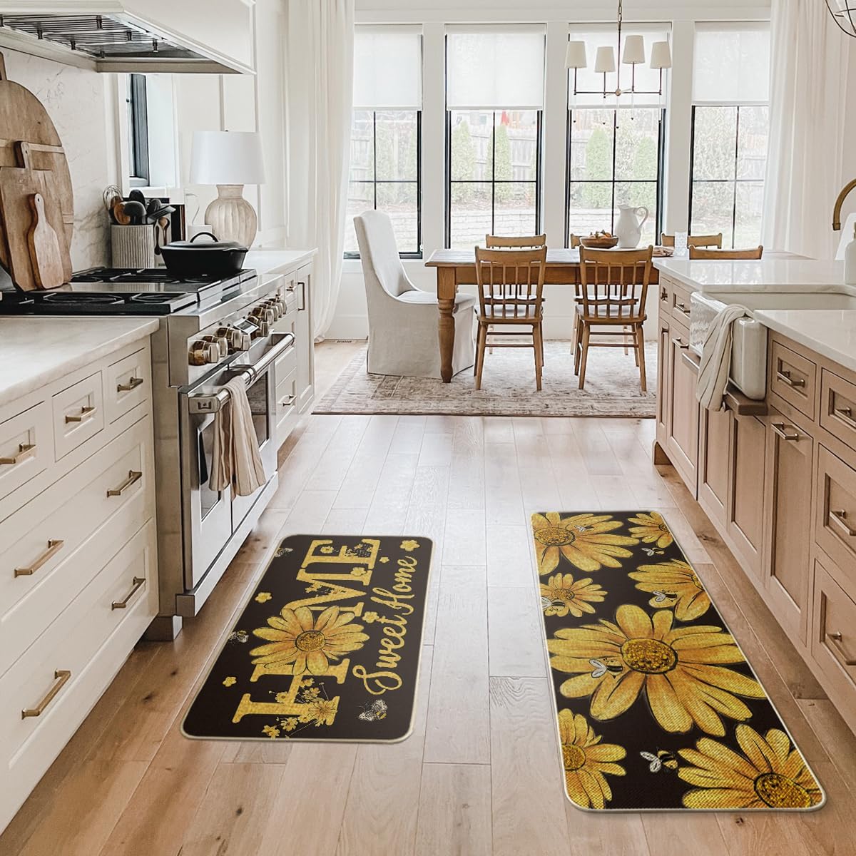 Artoid Mode Black Bee Sunflower Daisy Home Spring Kitchen Mats Set of 2, Summer Home Decor Low-Profile Kitchen Rugs for Floor - 17x29 and 17x47 Inch