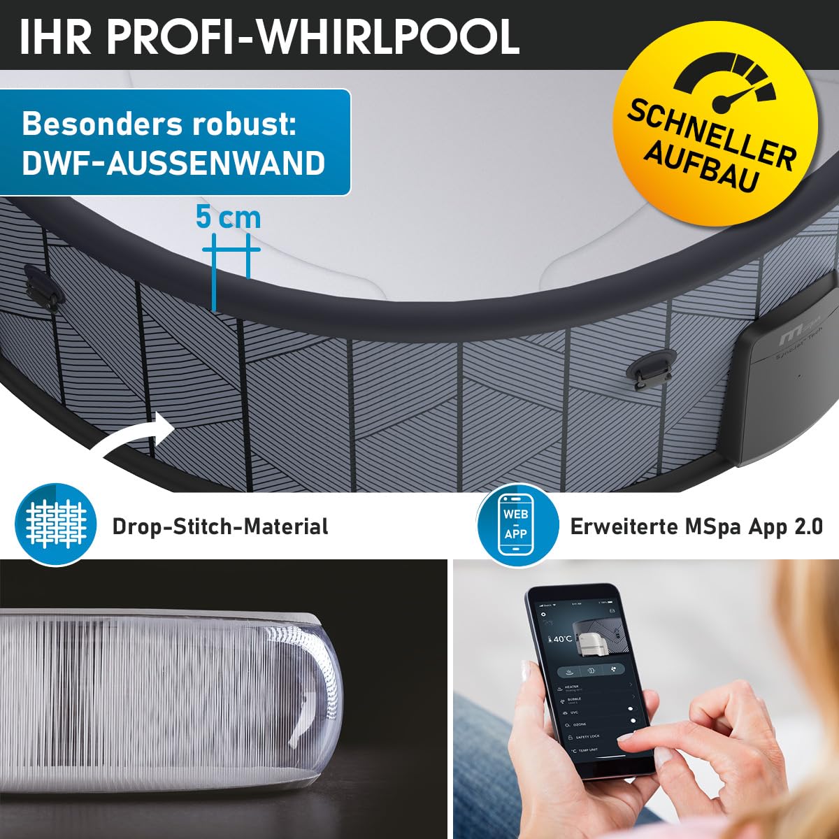 BRAST Whirlpool aufblasbar MSpa Tidal für 6 Personen | Ø173x65cm | 138 Massagedüsen in 3 Intensitäten | In- Outdoor Pool | Ganzjähriger Einsatz Winterfest | einfache Steuerung per App