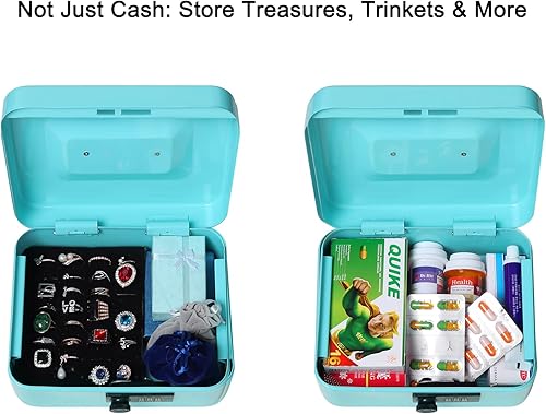 Miniatura 5 de Jssmst Caja mediana con cerradura de combinación, caja de metal duradera con bandeja para dinero, azul claro, 7.87 x 6.3 x 3.35 pulgadas