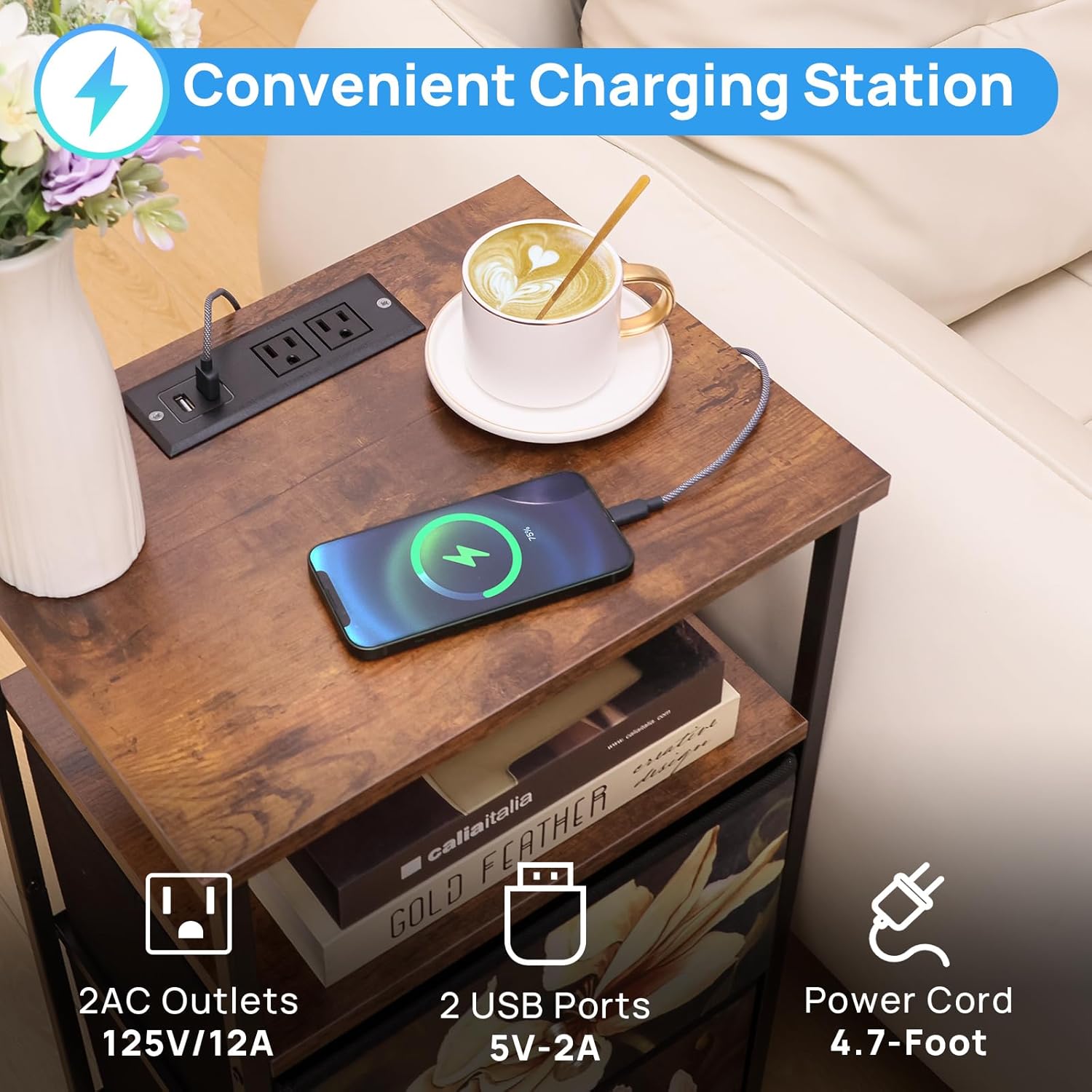 ALBAD Nightstand with Charging/Charger Station, LED Night Stand for Bedroom, Bedside Table with Storage Drawers, Small Bed Side Table, End Table with USB Ports and Outlets for Living Room, Black