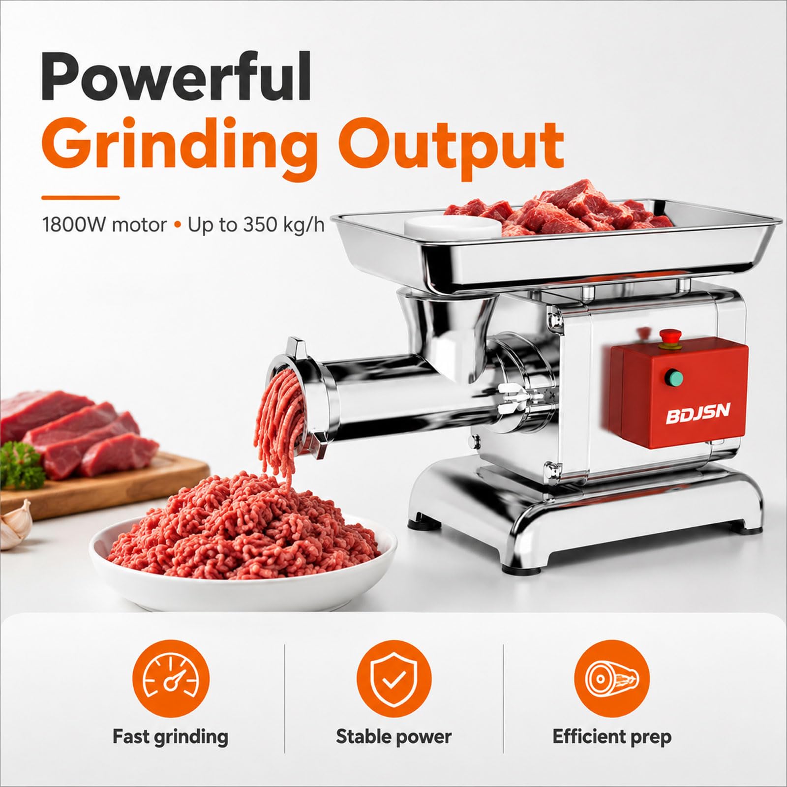 Tritacarne Elettrico, Tritacarne in Acciaio Inox da 1800 W, 350 kg/h, Tritacarne da Banco per Impieghi Gravosi con Ampio Vassoio di Alimentazione, Ideale per Carne, Insaccati