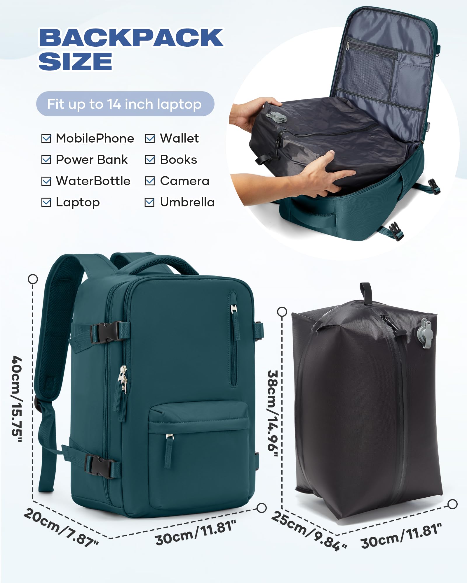 SZLX Zaino Ryanair 40x30x20 Sottovuoto Bagaglio a Mano 40x20x25 Donna Zaino da Viaggio 40x30x20 Wizzair Borse da Cabina per Easyjet 45x36x20 Uomo per Laptop 14 Pollici con Porta USB e Porta Scarpe
