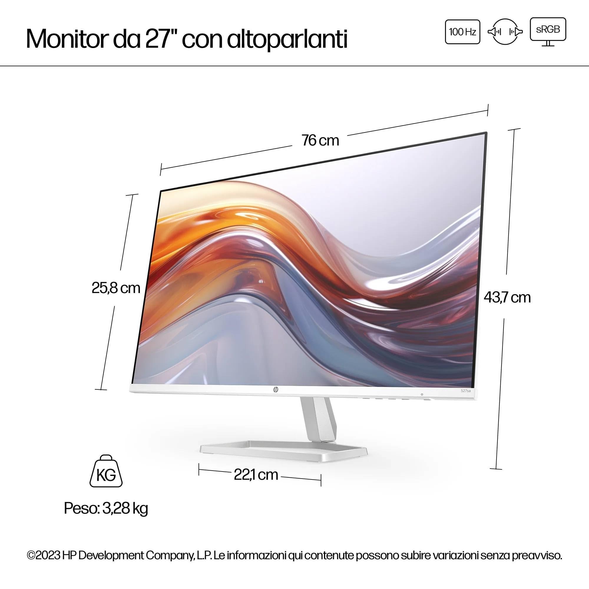 HP 527sa Monitor con Casse, Schermo da 27" FHD IPS Antiriflesso, Tecnologia Eye Ease, Tempo Risposta 5 ms GtG Overdrive, Risoluzione 1920 x 1080, Software Display Center, HDMI, Bianco