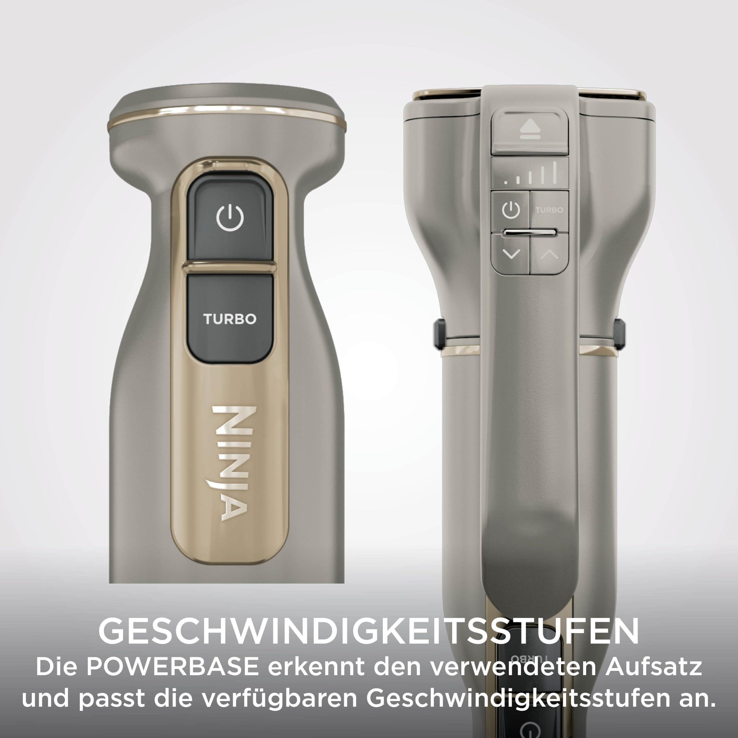 Ninja Foodi 3-in-1 Stabmixer Stufenweise Anlauf, 2 Misch-und 5 Rührgeschwindigkeiten zum Zerkleinern, Mischen, Kneten und mehr, spülmaschinenfest, Stone Gold CI100EUSTGD