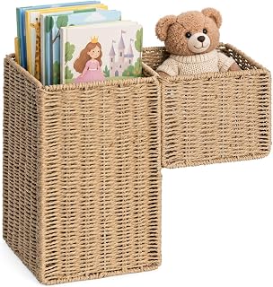 Wicker Stairs Basket, Organizer for Wooden and Carpeted Stairs to Carry Books, Shoes, Laundry and Daily Essentials Upstairs, Foldable Handwoven Paper Rope Storage Bin with 2 Compartments