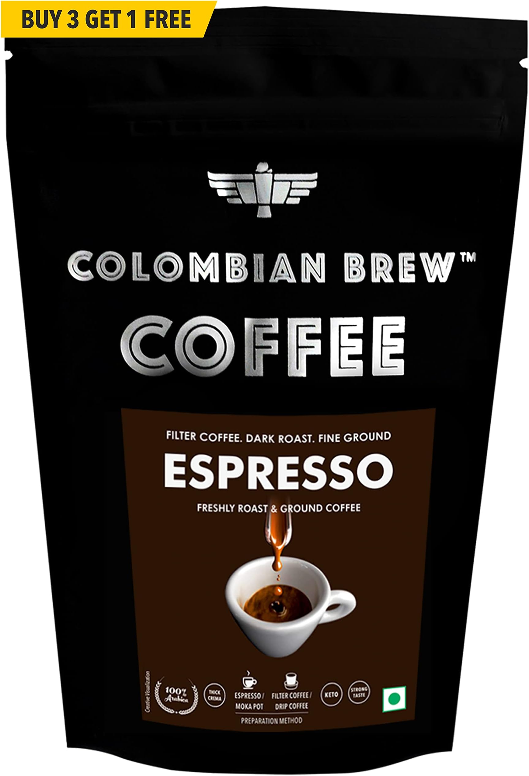 Colombian Brew Arabica Espresso Filter Coffee Powder, Roast & Ground Strong, 250g Buy 3 Get 1 Free