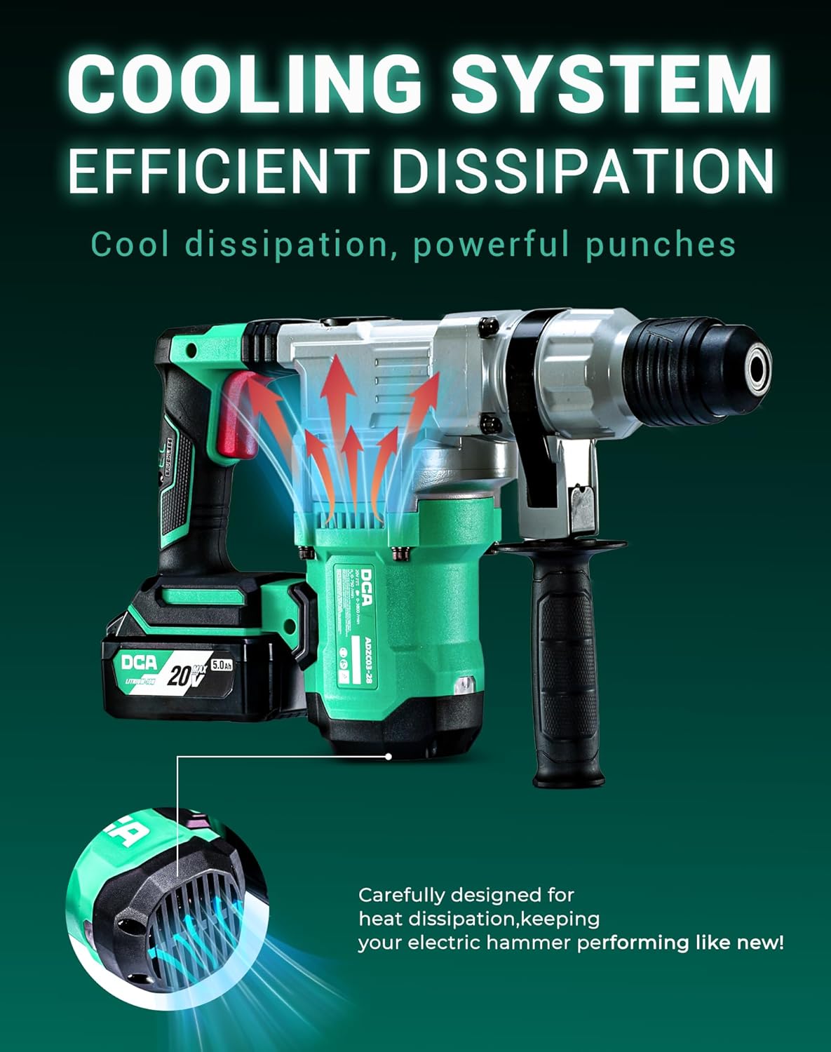 DCA 20V MAX Cordless Heavy Duty Rotary Hammer Drill, 4.5 Joule, 3800BPM, 1-1/8 Inch SDS-Plus, Brushless Rotary Hammer Drill (bare tool, Battery and charger not included)