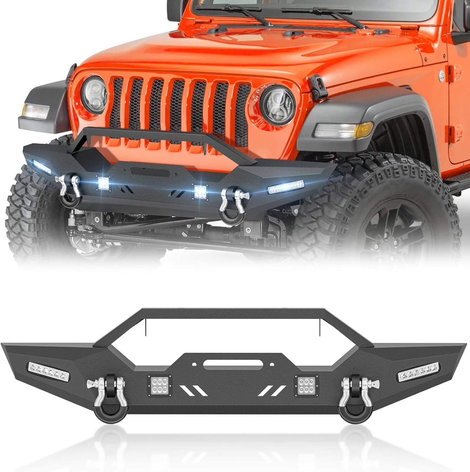SUORTO Black Off-Road Front Bumper Compatible with 2018 2019 2020 2021 2022 2023 2024 2025 2026 Jeep Wrangler JL JLU with Winch Plate & 2 x 4.75-ton D-rings, 12,000 LBS 4 x 18W LED Lights