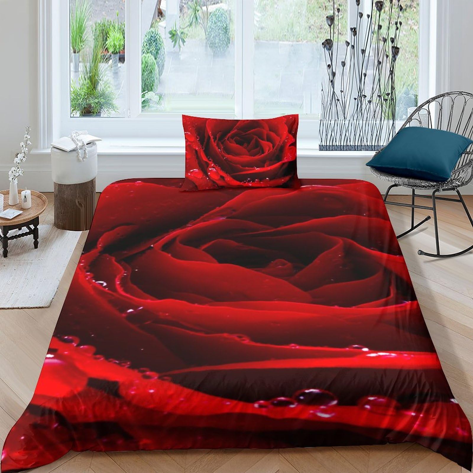 Housse de couette rose rouge 3D en microfibre avec ses taies d'oreiller romantiques