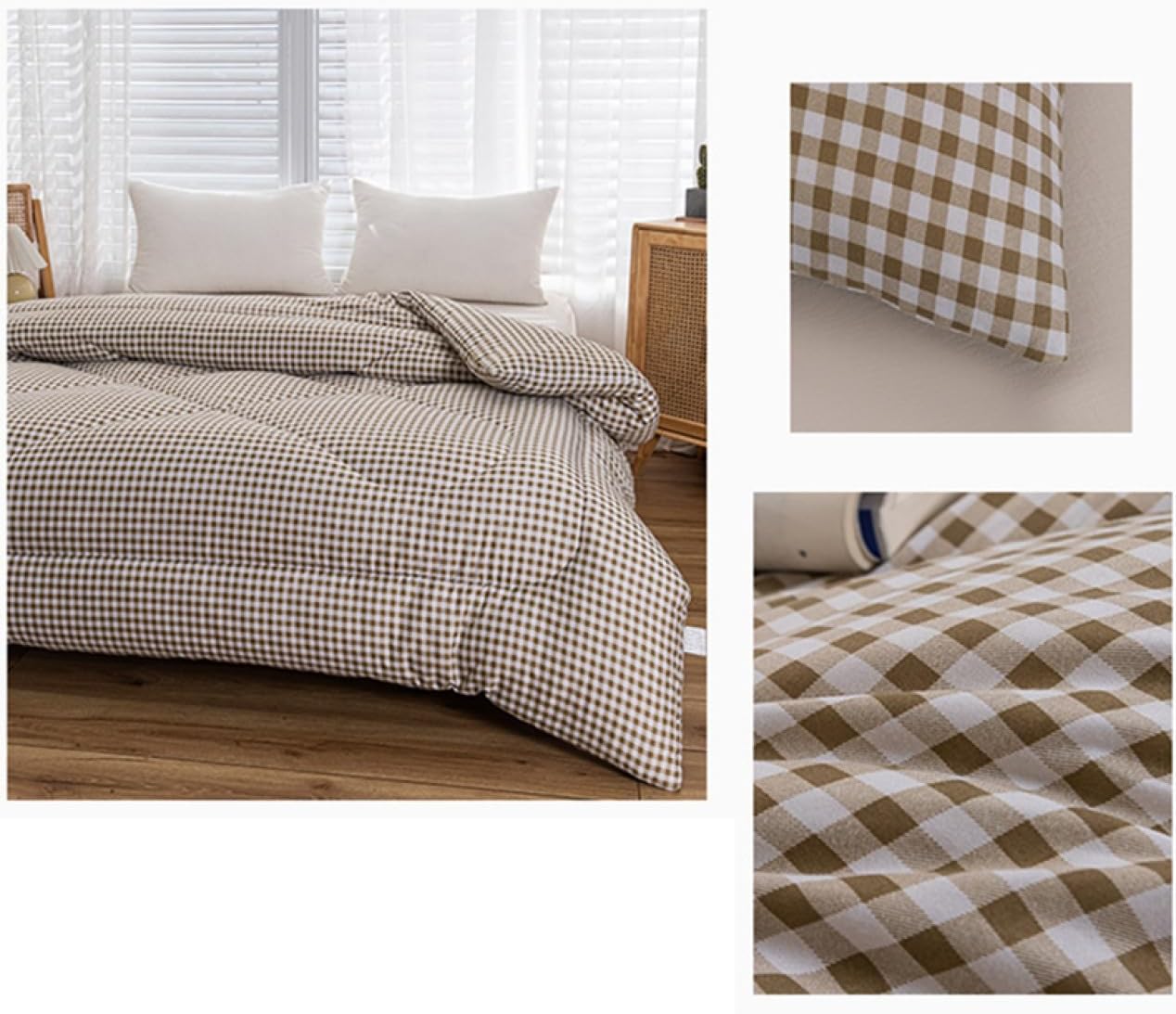 春夏用 掛け布団 洗える チェック柄 清潔 キルト ブランケット 1点セット キッズ 羽毛布団 (カーキ シングル 150 x 20