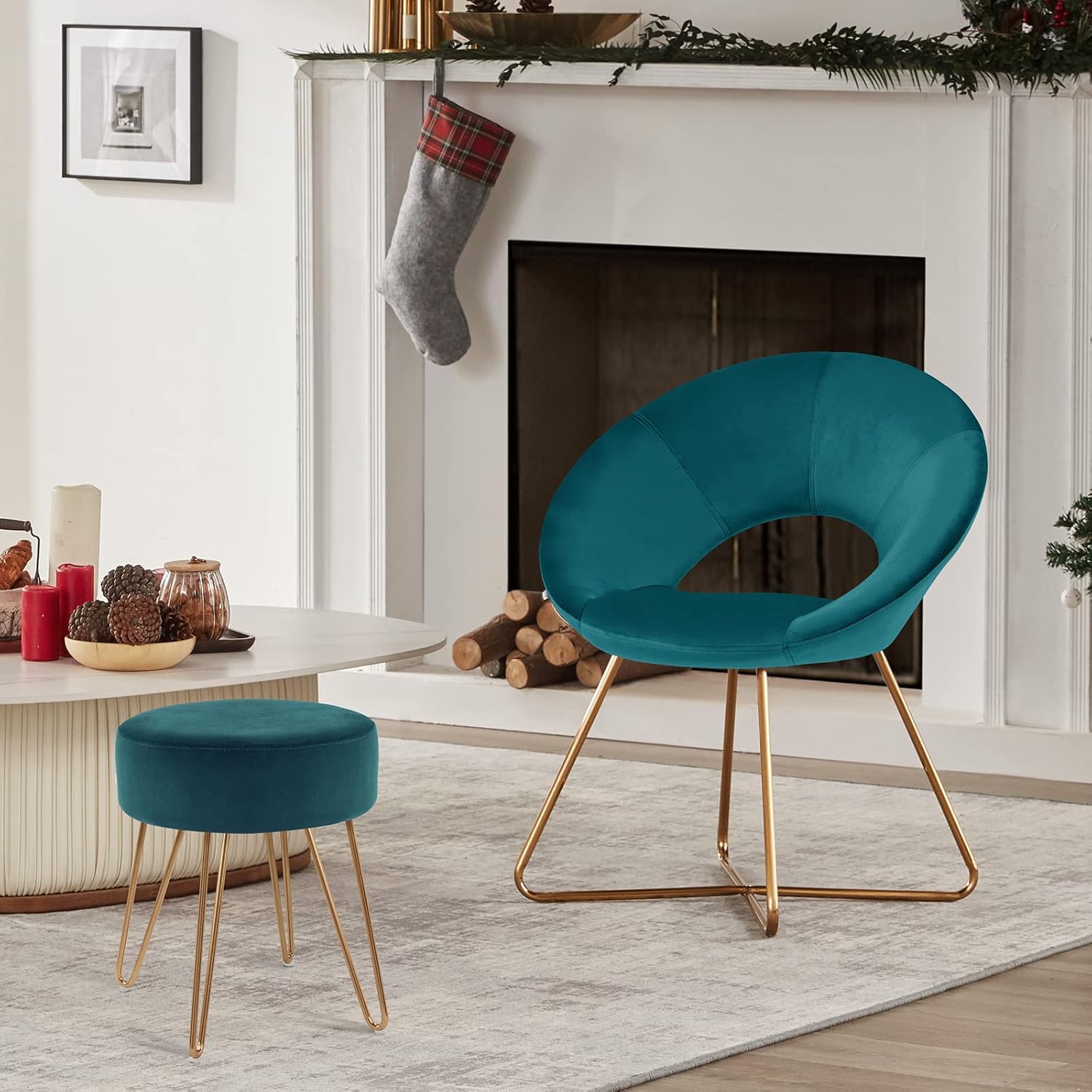 DUHOME Modern Accent Velvet Chairs Single Sofa Comfy Upholstered Arm Chair Mid-Century Leisure Lounge Chairs with Golden Legs Set of 2 Atrovirens