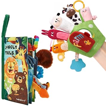 hahaland Baby Sensory Toys 0-12 Months, Baby Books 0-6 Months & Montessori Farm Animal Hand Puppets with Rattle