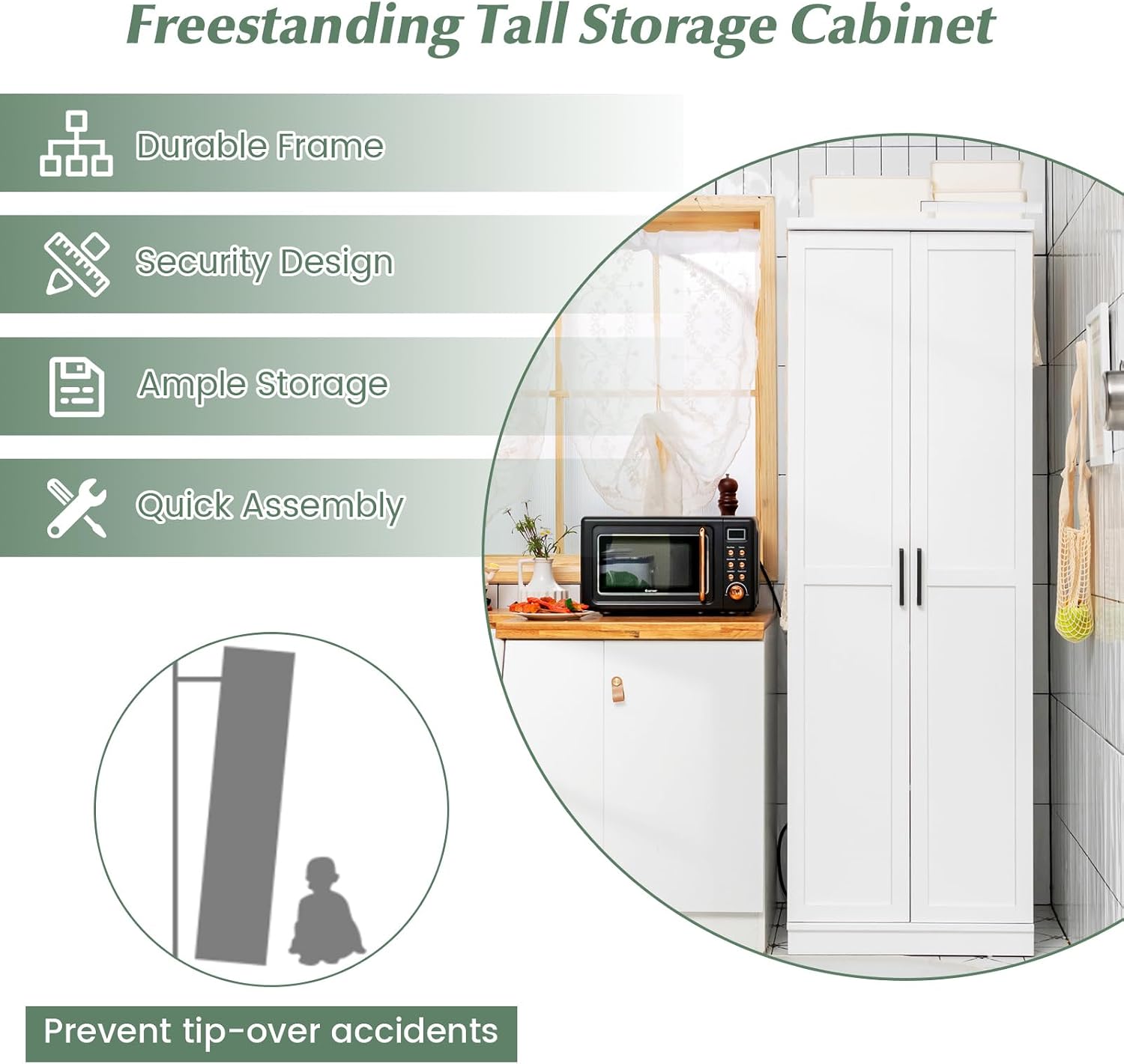 LOKO 70" Tall White Pantry Cabinet, Kitchen Cupboard with 2 Doors & Adjustable Shelves, Modern Tall Storage Cabinet with Anti-toppling Device for Dining Room, Living Room or Laundry (White)