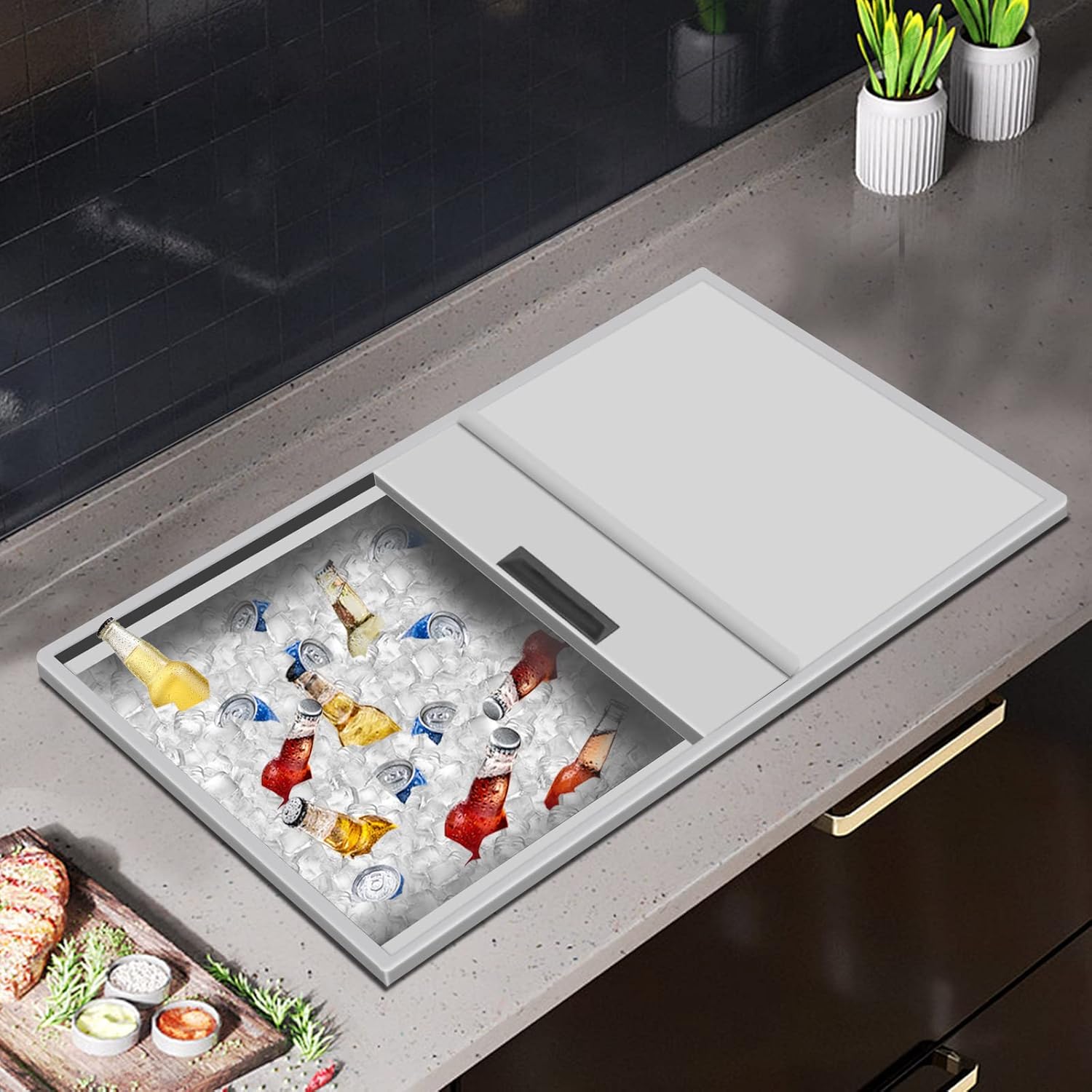 Drop in Ice Chest,Stainless Steel Ice Cooler with Cover,Drop in Ice Bin for Cold Wine Beer,Dinner Party Ice Chest,27L x 18W x 21H inch