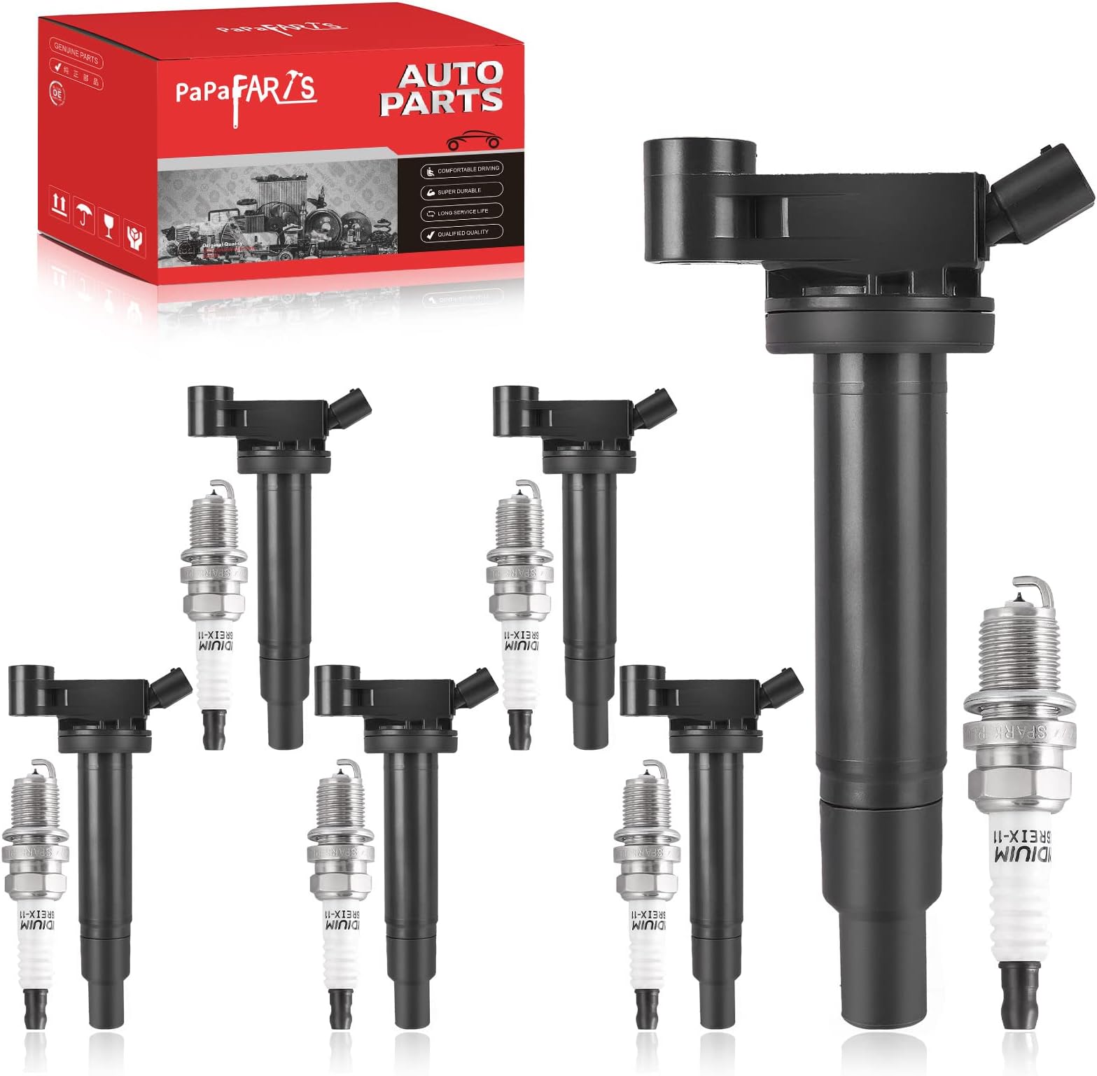 PAPAPARTS Set of 6 Ignition Coil Pack UF267 and Iridium Spark Plug Compatible with Lexus ES300 RX300 Toyota Camry Sienna Avalon Highlander 3.0L 3.3L V6