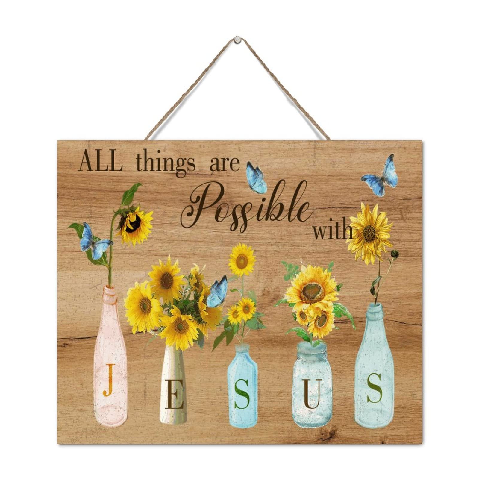 Plaque en bois Jésus avec tournesol rustique déco 25x30 cm