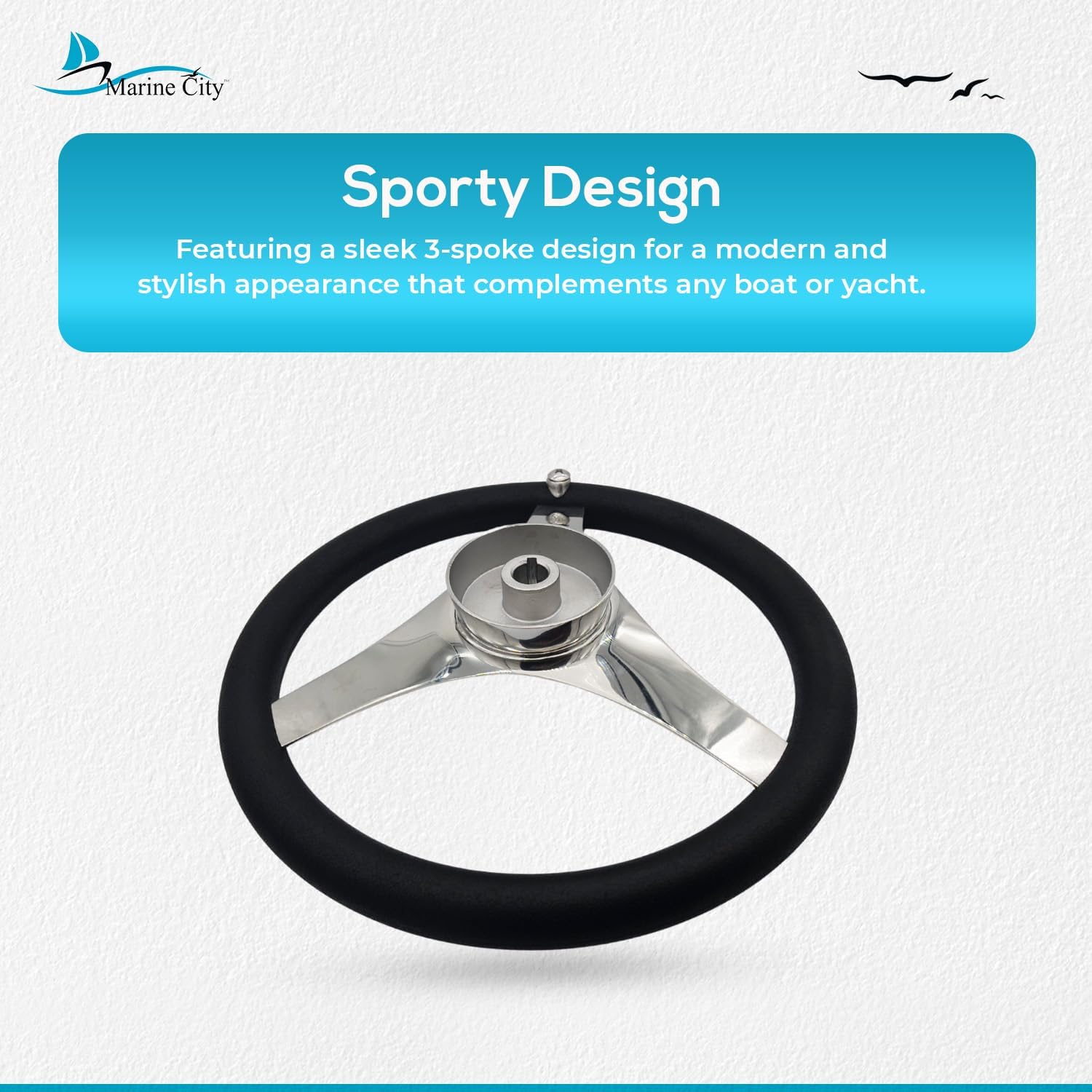 MARINE CITY 304 Stainless Steel 3-Spoke Boat Steering Wheel – 13.5" with PU Foam Grip, Control Knob & Center Cap – Corrosion-Resistant Marine Sport Wheel for Boats & Yachts