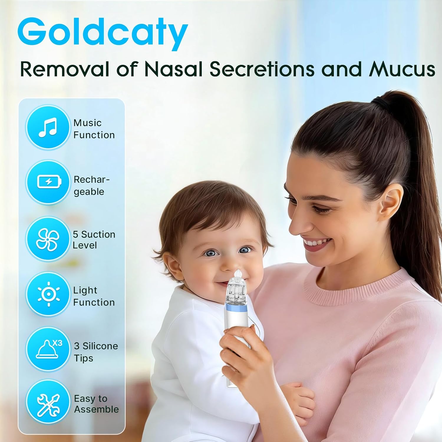 Electric Nasal Aspirator, Nose Suction for Baby, Baby Nose Sucker, Rechargeable Nose Aspirator for Babies with 3 Silicone Tips, Adjustable 5 Suction Level, Music and Light Soothing Function, Blue