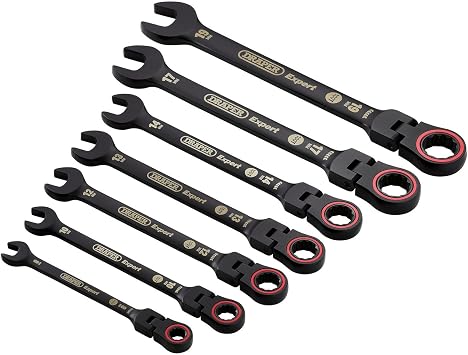 Draper 03927 Expert HI-TORQ Metric Flexible Head Ratchet Combination Spanner Set, Black 7 Piece