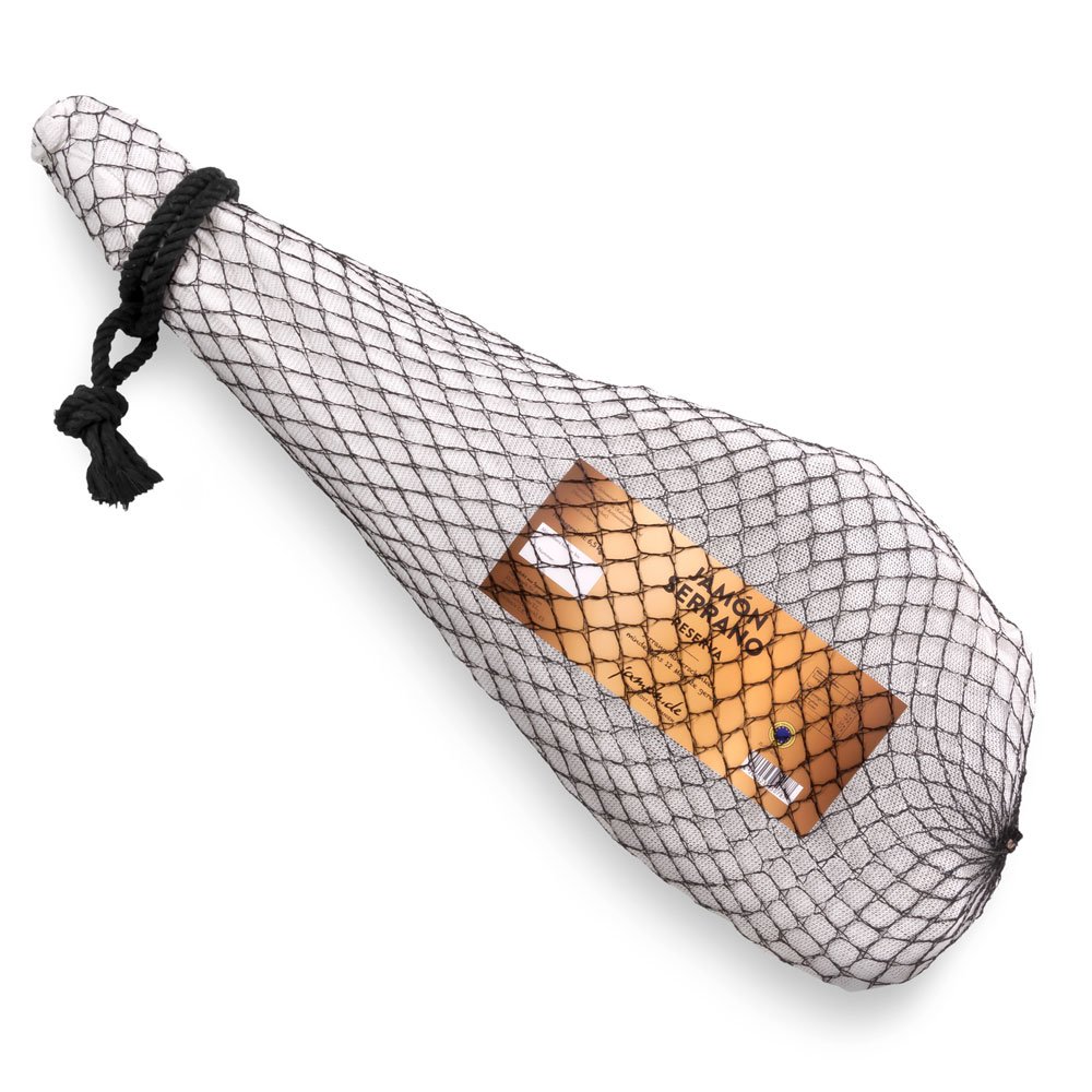 Jamon-Box Nr. 2 - Serrano-Schinken 6,5kg im Geschenk-Set mit Zubehör - 12 Monate gereifter Hinterschinken aus Spanien inklusive Schinkenständer, Schinkenmesser & Schneide-Anleitung von jamon.de