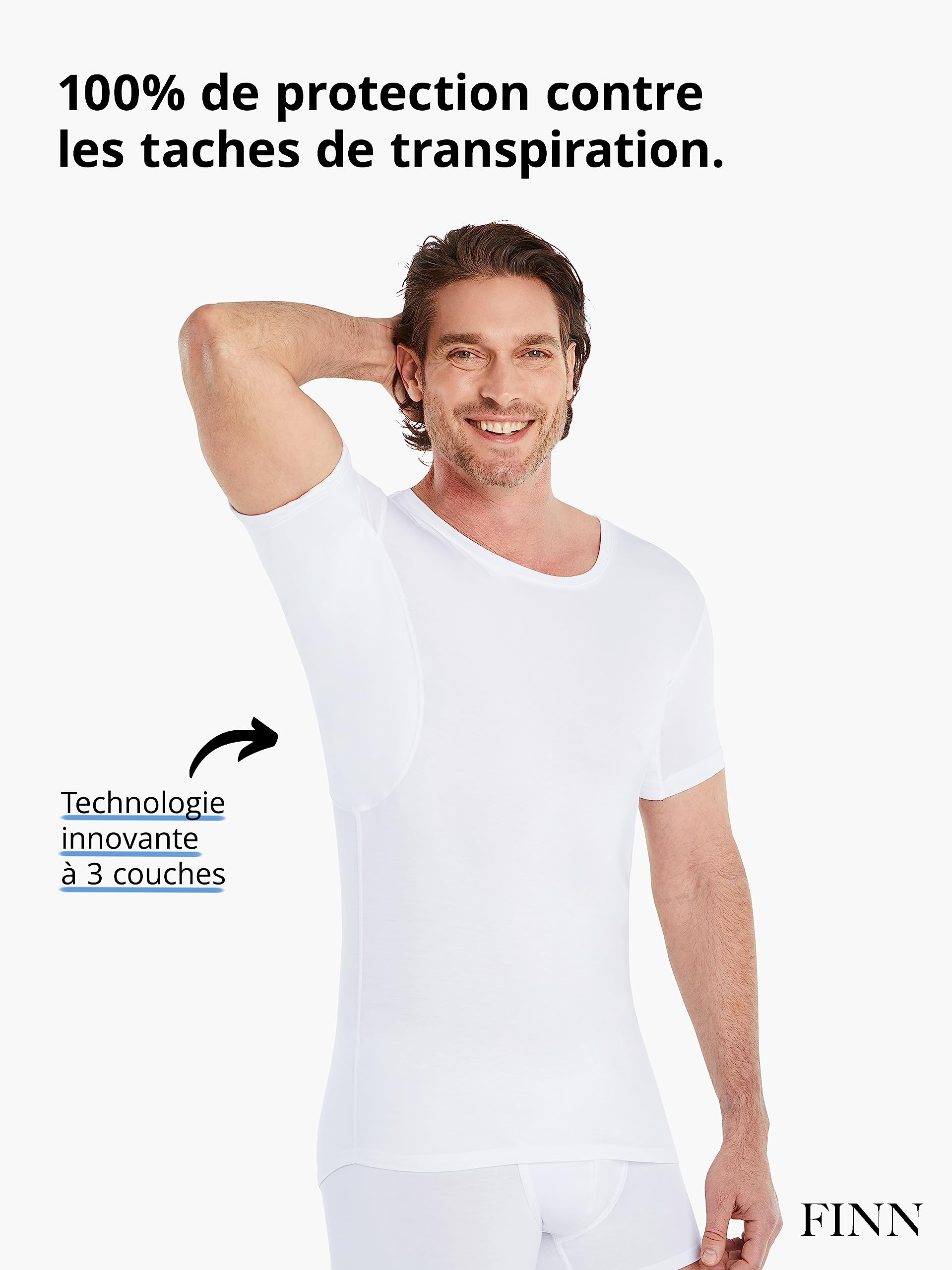 FINN T-Shirt Anti-Transpiration pour Hommes avec col Rond et Patchs intégrés aux aisselles pour la Forte Transpiration - Maillot de Corps Contre Les odeurs et Les Taches de Sueur