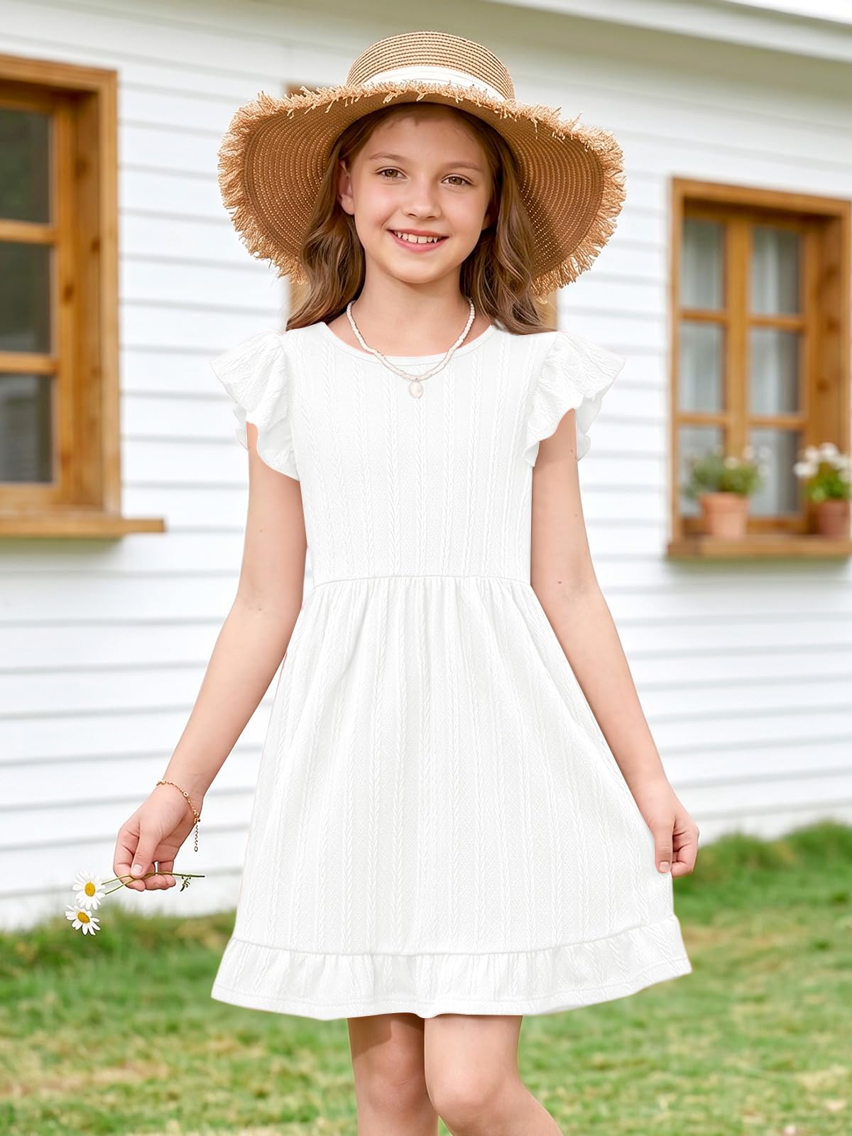 BesserBay Vestito estivo da bambina con volant midi per il ritorno a scuola manica svolazzante casual elastico in vita prendisole con tasche 5-14 anni