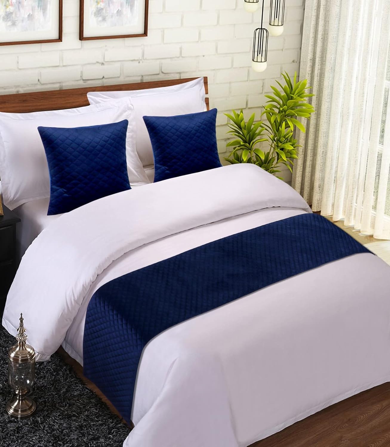 Velvet Bed Linen Set (Bed Runner 18x90inches, 2 Cushion Covers 16x16inches) (Dark Blue)-image-0